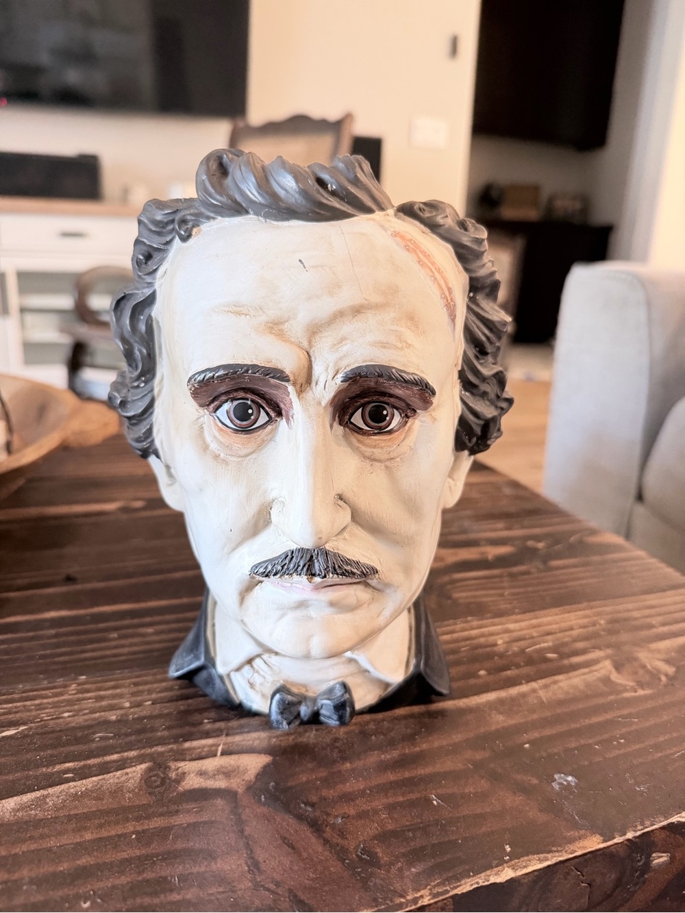 Hand-Painted Edgar Allan Poe Bust Sculpture - Cream and Gray